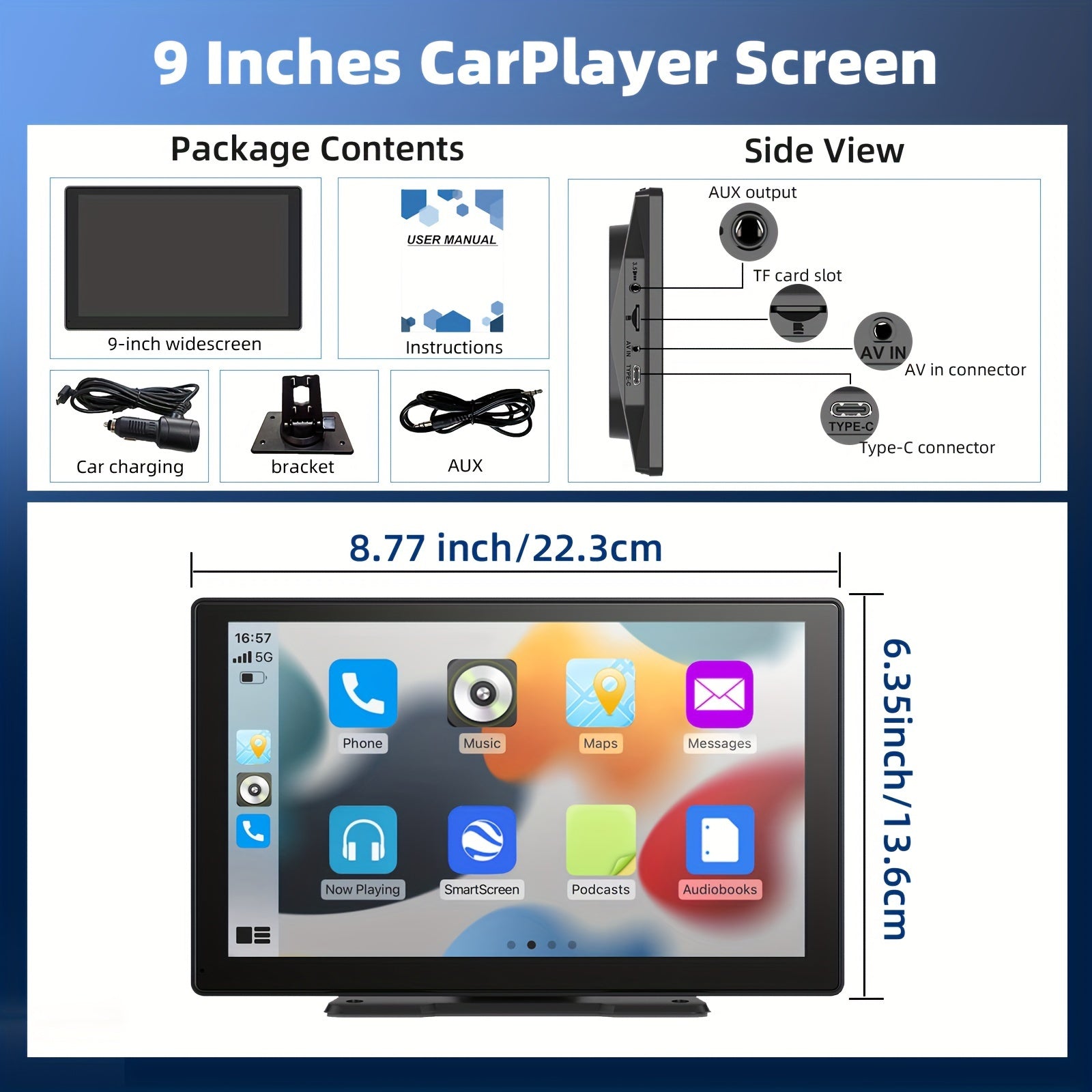 Universal Portable Carplay For Car Screen, Wireless Carplay Screen Wireless Car Stereo With Carplay Android Auto, Car Touchscreen With Mirror Link/ Backup Camera/ Siri/ Wireless/ Navigation/ AUX For All Vehicles