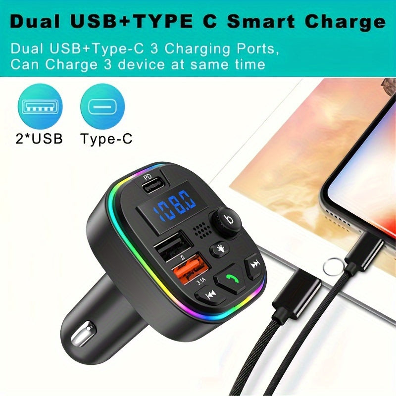 FM Transmitter Car Charger with PD 30W, Type C & Dual USB Fast Charging Ports, Wireless MP3 Player, Hands-Free Calling, AUX, High Fidelity Lossless Audio - For Car Drivers - Suitable for All Vehicles - Perfect Gift for Driver