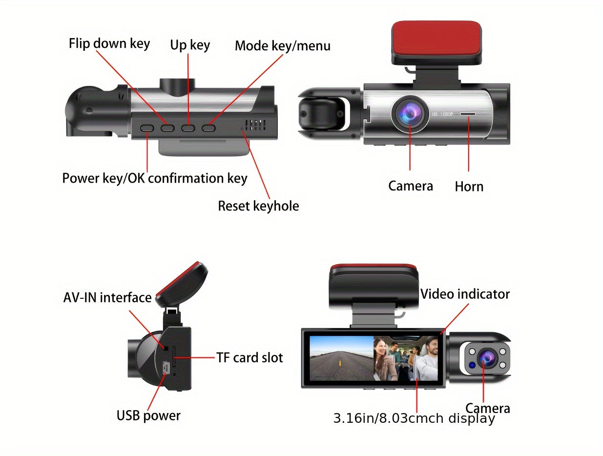 BCUOZ 1080P Car Accessories Dual Cameras Dashcam, Front 1080P And Inside 480P, Car Camera with IR Night Vision, Loop Recording, Wide Angle Car DVR Camera with 3.16 Inch IPS Screen, Dual Lens Car Dashboard Video Cam, 32GB SD C