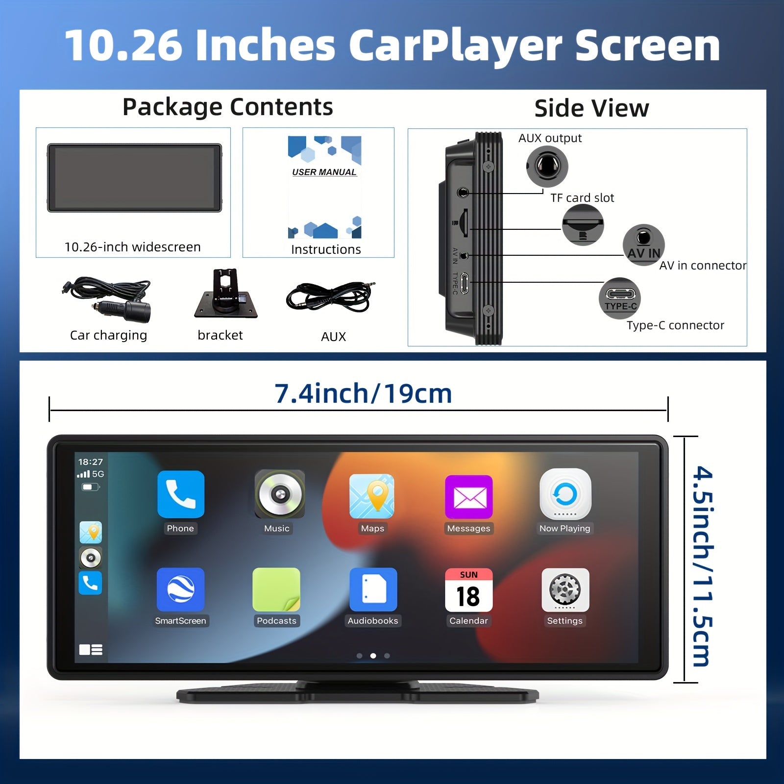 Universal Portable Carplay For Car Screen, Wireless Carplay Screen Wireless Car Stereo With Carplay Android Auto, Car Touchscreen With Mirror Link/ Backup Camera/ Siri/ Wireless/ Navigation/ AUX For All Vehicles