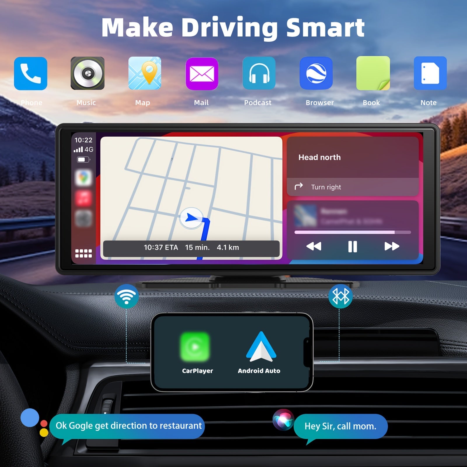 Universal Portable Carplay For Car Screen, Wireless Carplay Screen Wireless Car Stereo With Carplay Android Auto, Car Touchscreen With Mirror Link/ Backup Camera/ Siri/ Wireless/ Navigation/ AUX For All Vehicles
